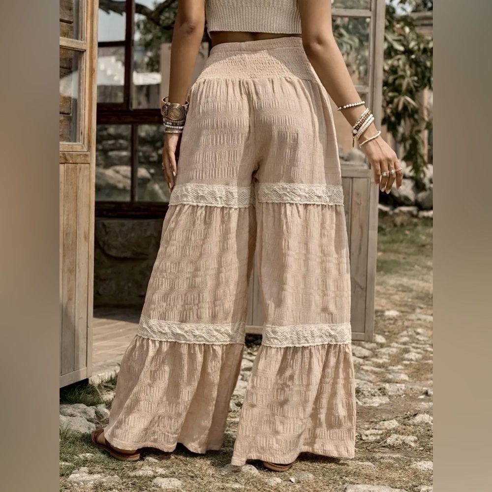 Boho Chic Crochet Lace Tiered Wide Leg Textured Palazzo Pants Coastal Cowgirl L - Picture 4 of 8